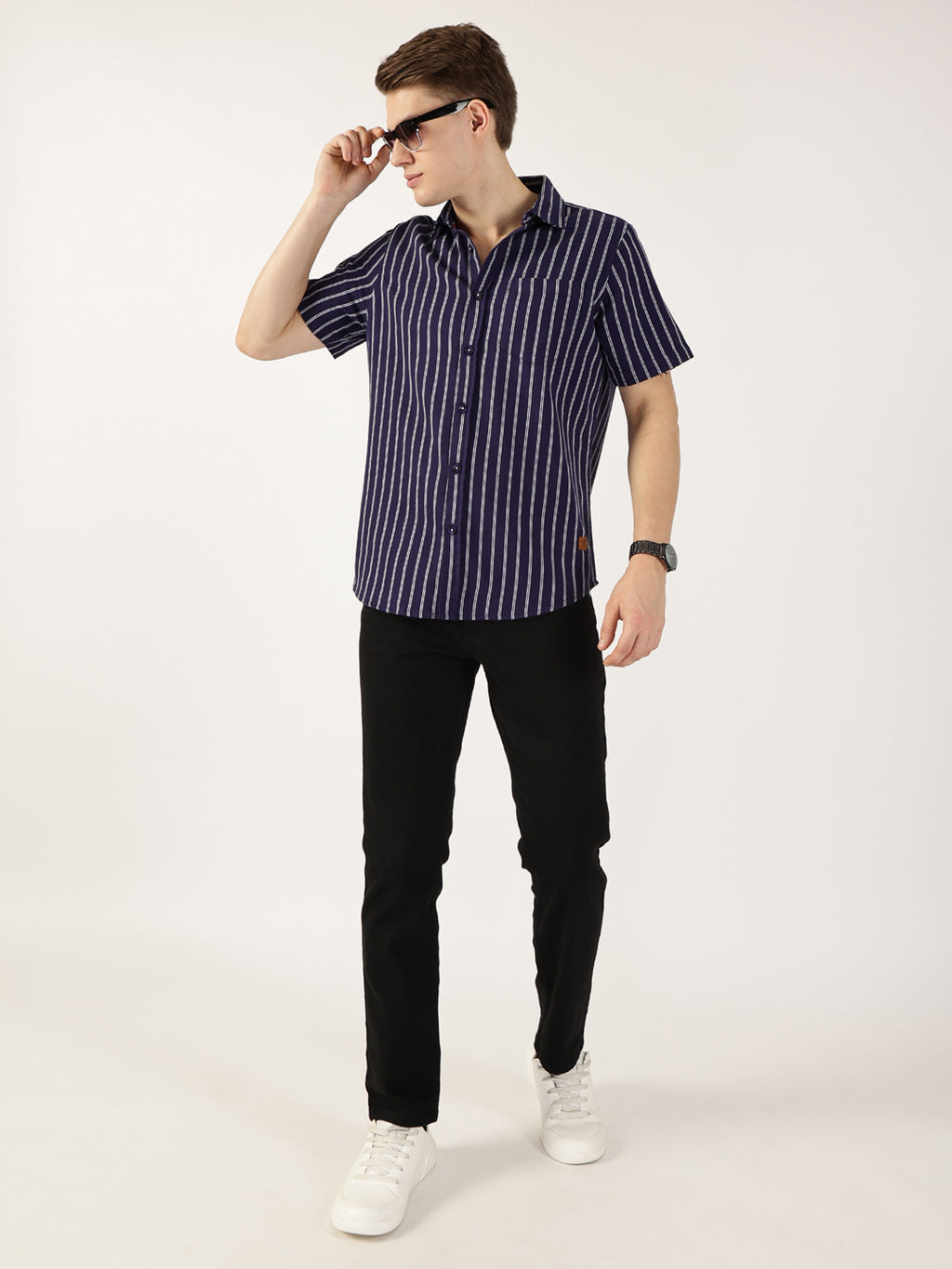 Thomas Scott Men Dark Blue Classic Slim Fit Striped Cotton Casual Shirt