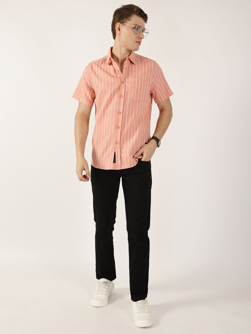 Thomas Scott Men Pink Classic Slim Fit Striped Cotton Casual Shirt