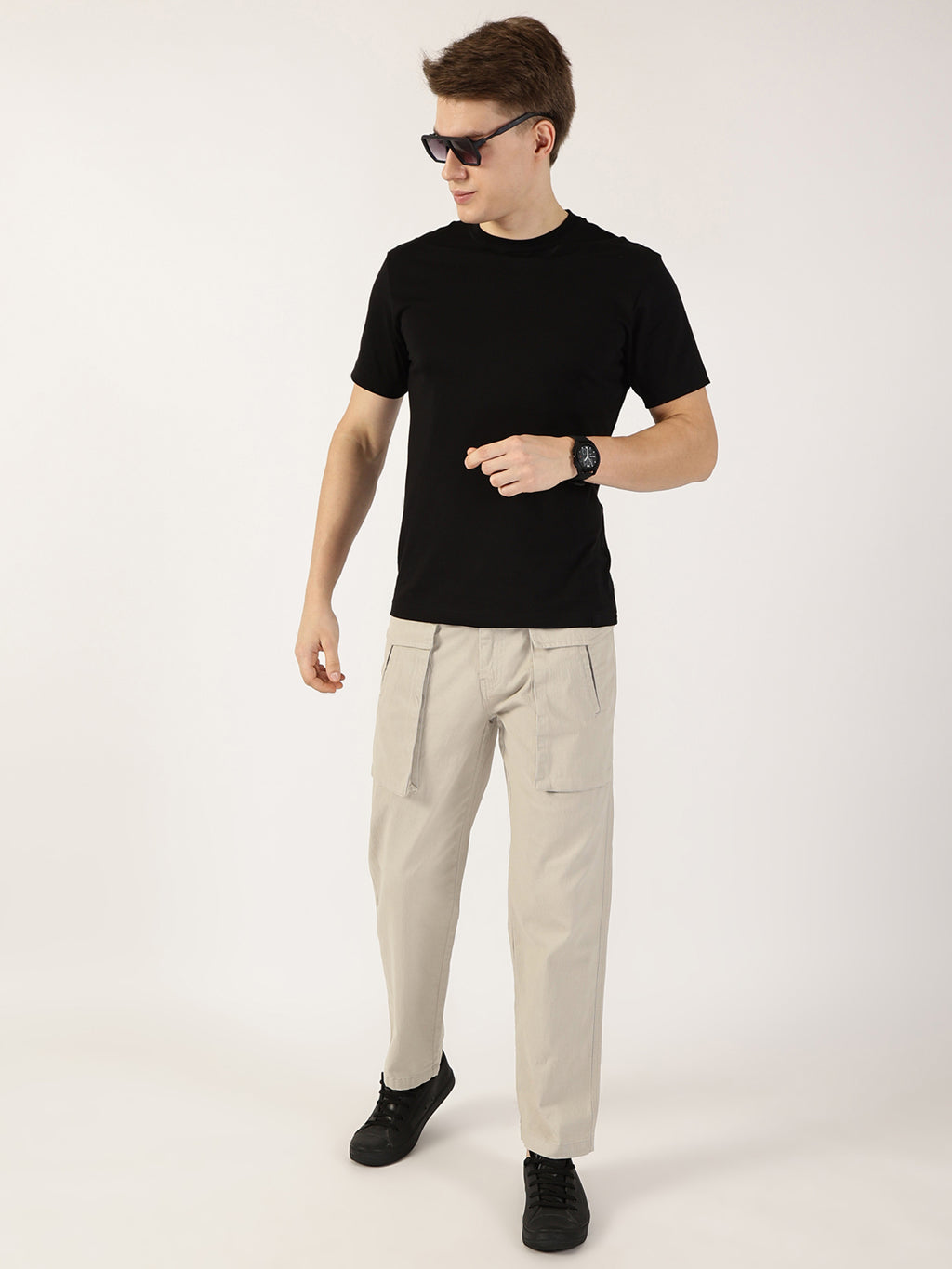 Thomas Scott Men Light Grey Regular Fit Cargos Cotton Trousers