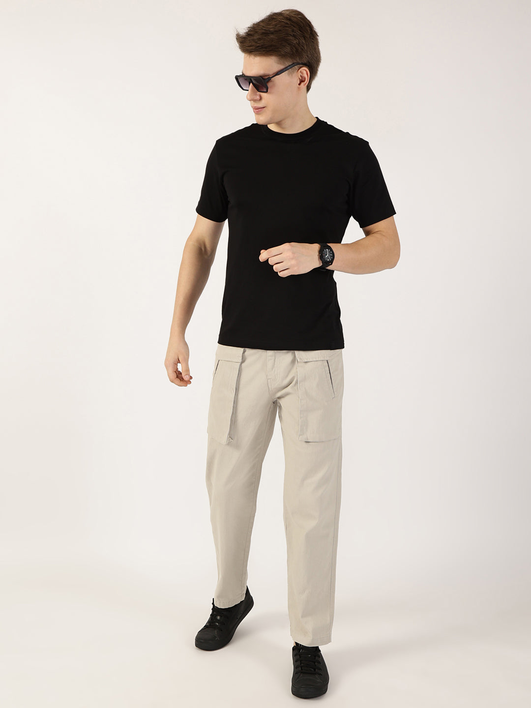 Thomas Scott Men Light Grey Regular Fit Cargos Cotton Trousers