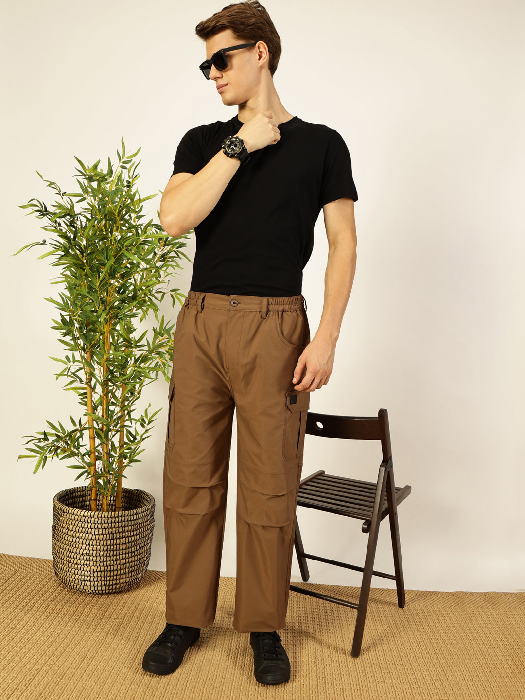 Thomas Scott Men Brown Smart Loose Fit Woven Cargo Trousers