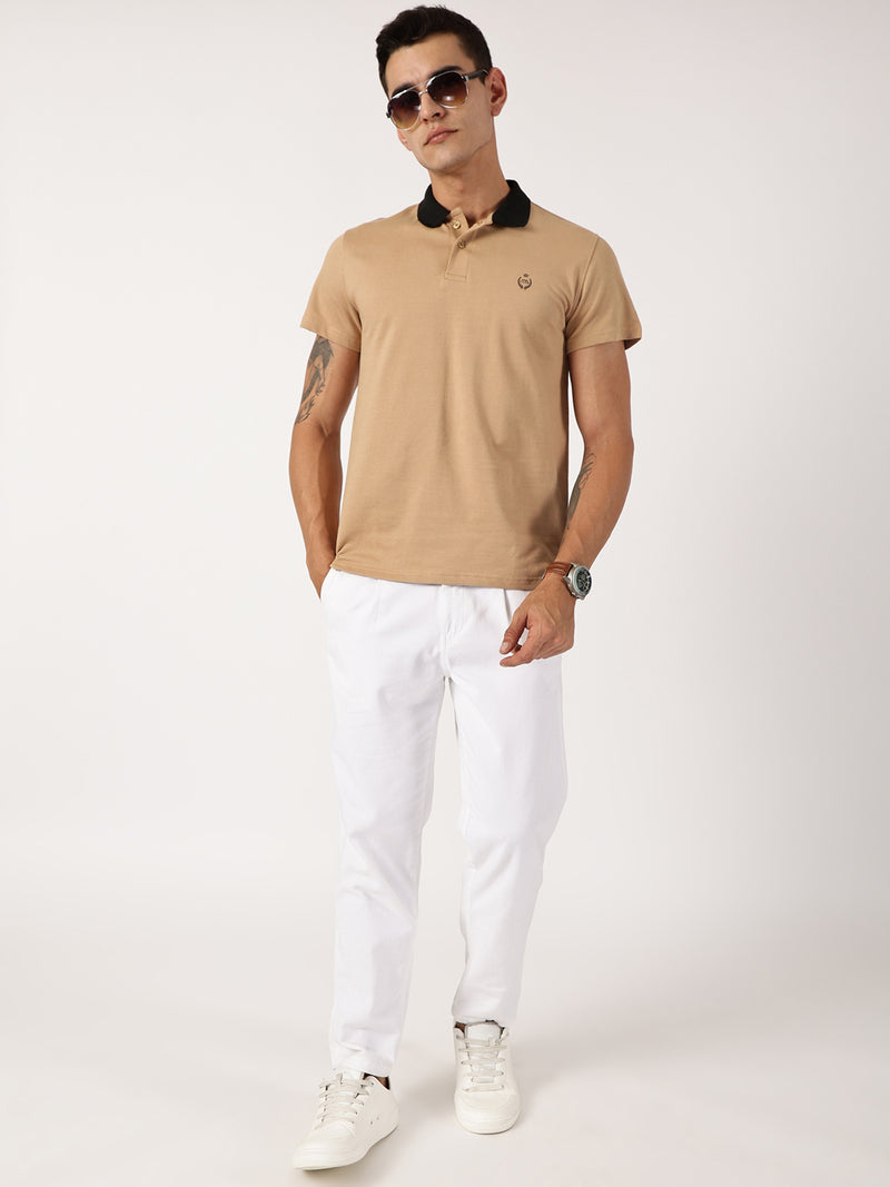 Thomas Scott Men Beige Solid Polo Collar Cotton Knitted T-shirt