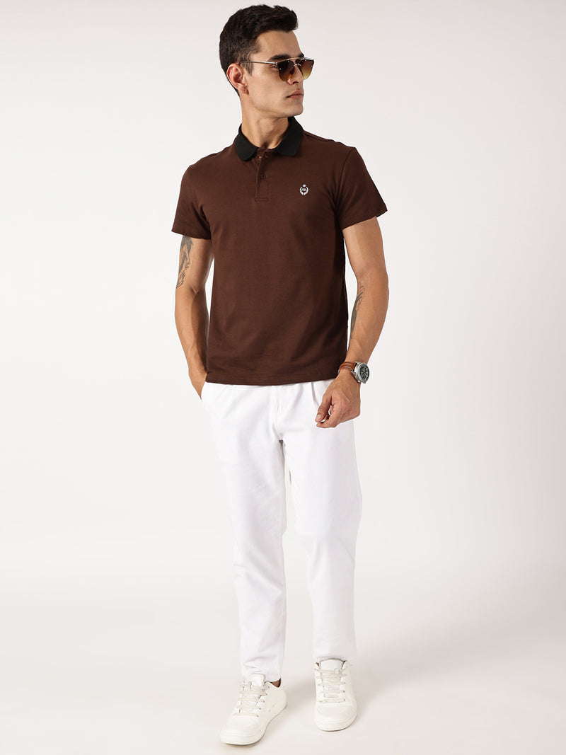 Thomas Scott Men Chocolate Solid Polo Collar Cotton Knitted T-shirt