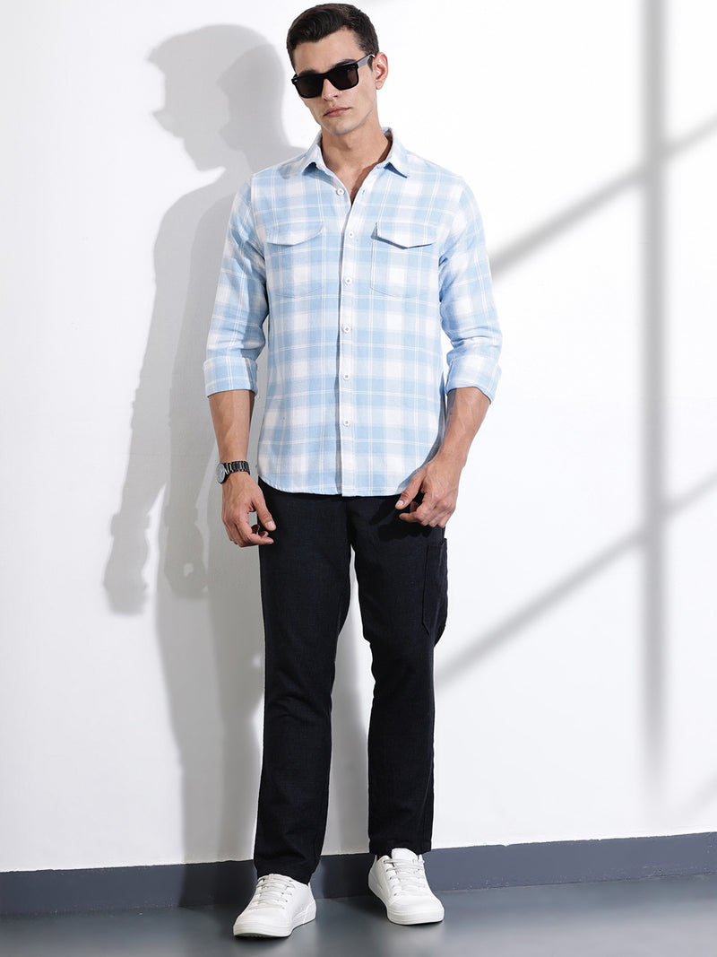 Thomas Scott Men Blue Regular Fit Long Sleeves Windowpane Checks Casual Shirt