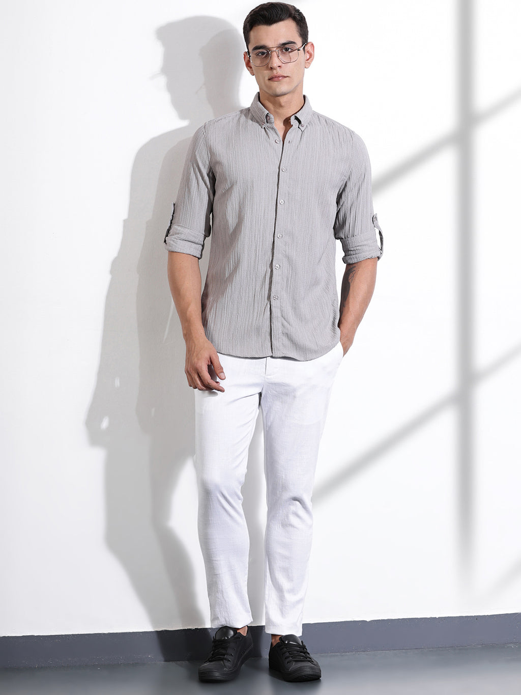 Thomas Scott Men Grey Slim Fit Long Sleeves Textured Casual Shirt
