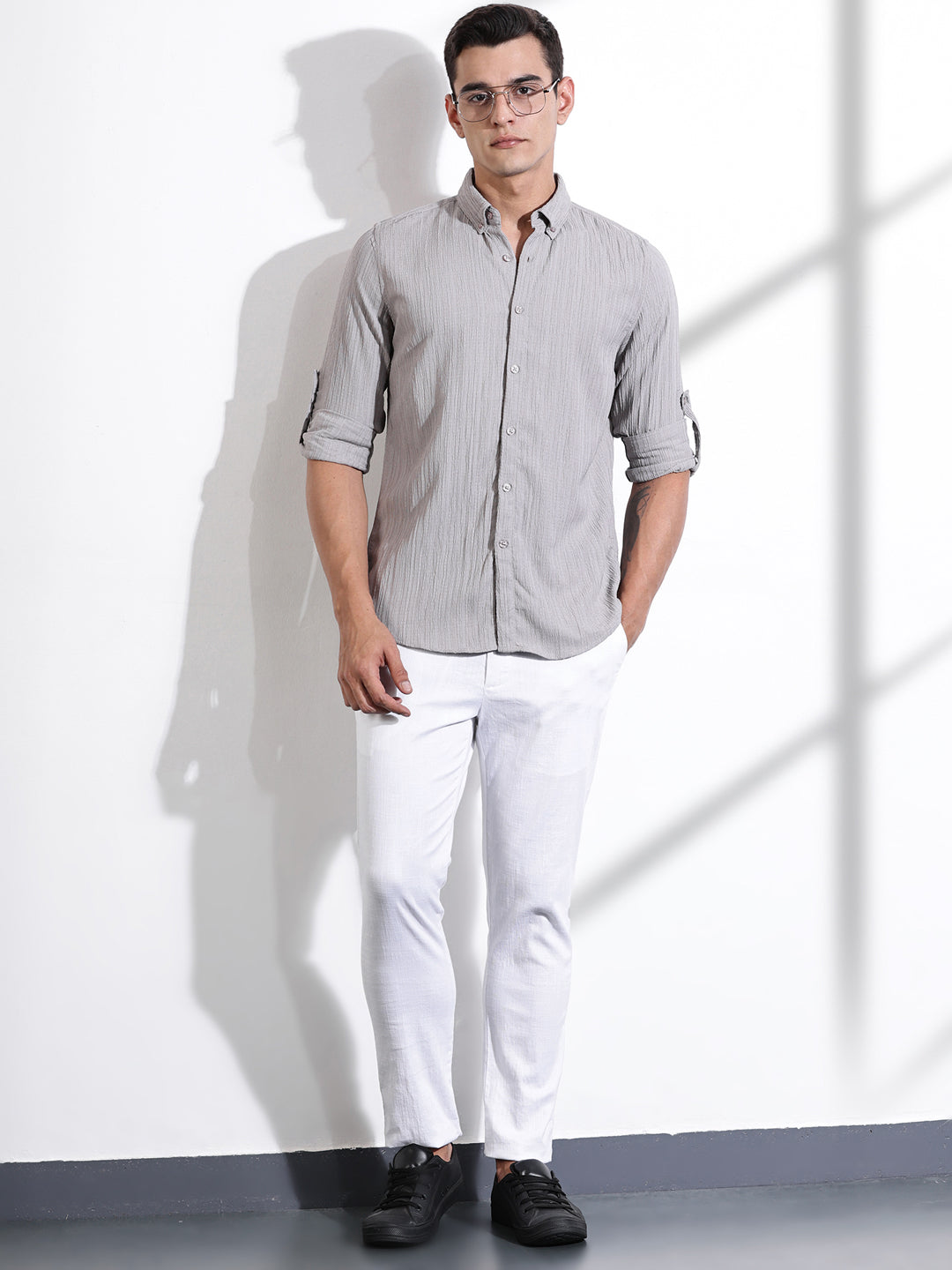 Thomas Scott Men Grey Slim Fit Long Sleeves Textured Casual Shirt