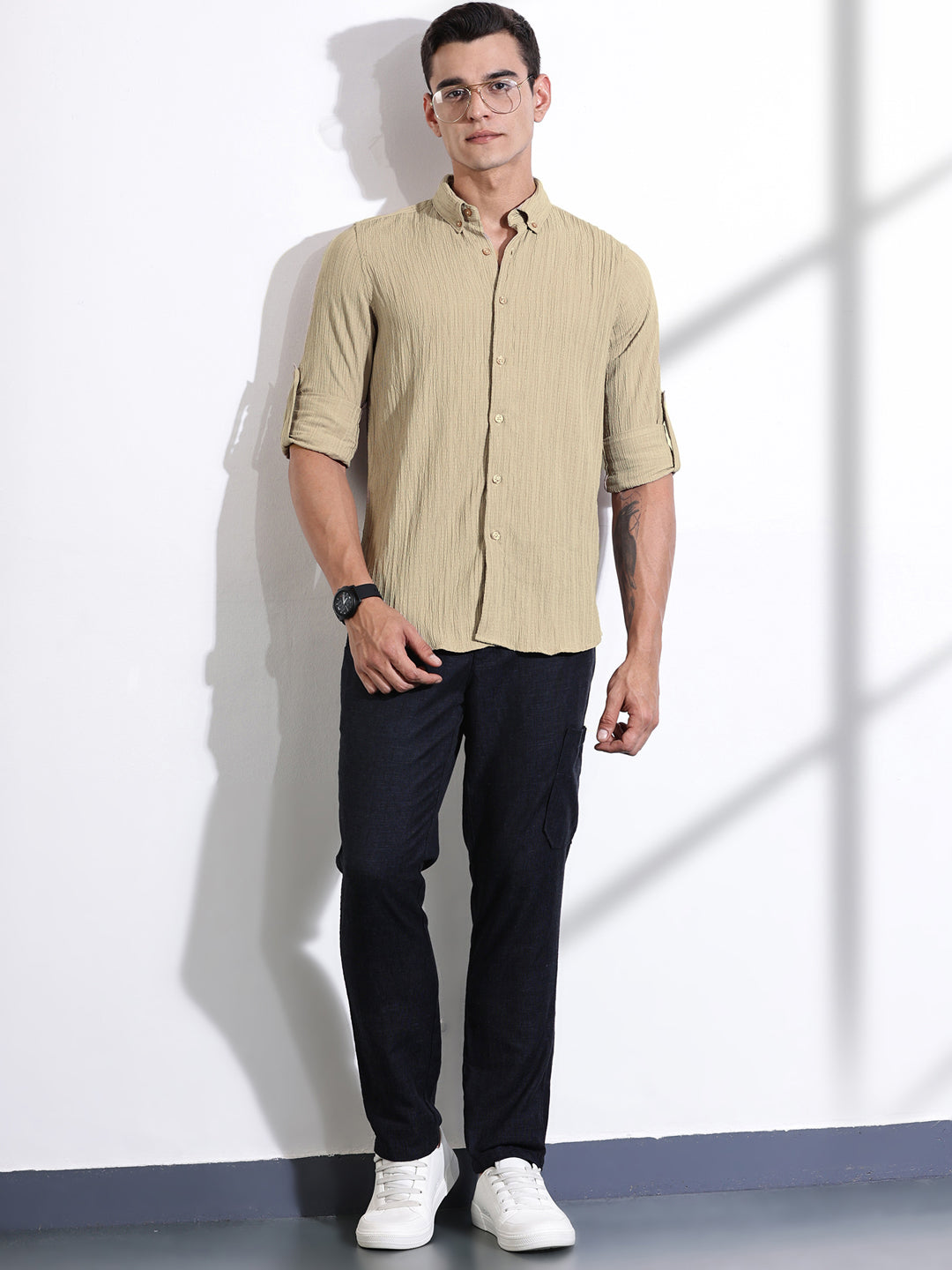 Thomas Scott Men Beige Slim Fit Long Sleeves Textured Casual Shirt