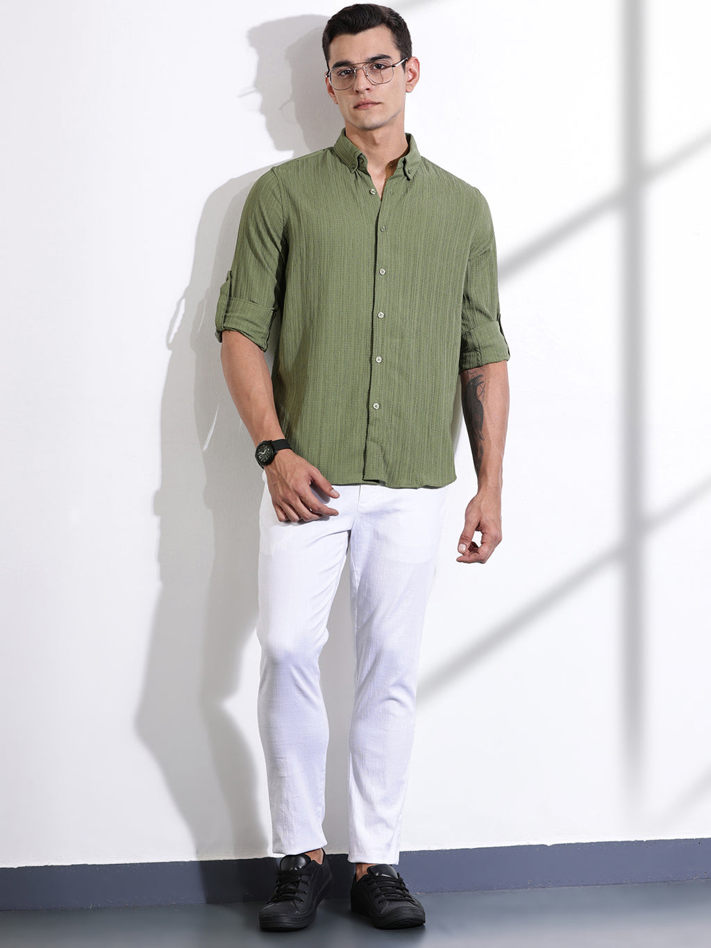 Thomas Scott Men Olive Slim Fit Long Sleeves Textured Casual Shirt