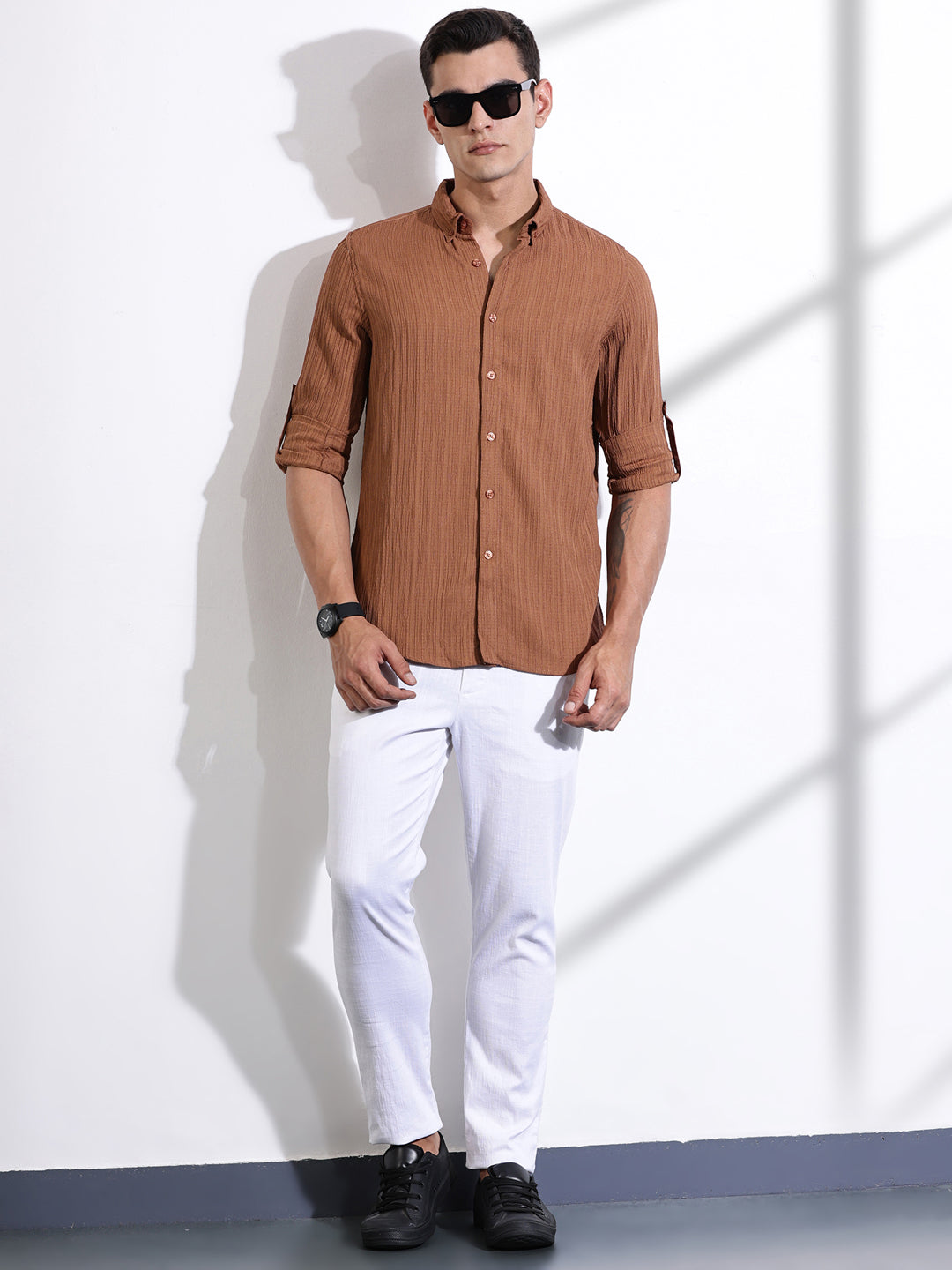 Thomas Scott Men Brown Slim Fit Long Sleeves Textured Casual Shirt