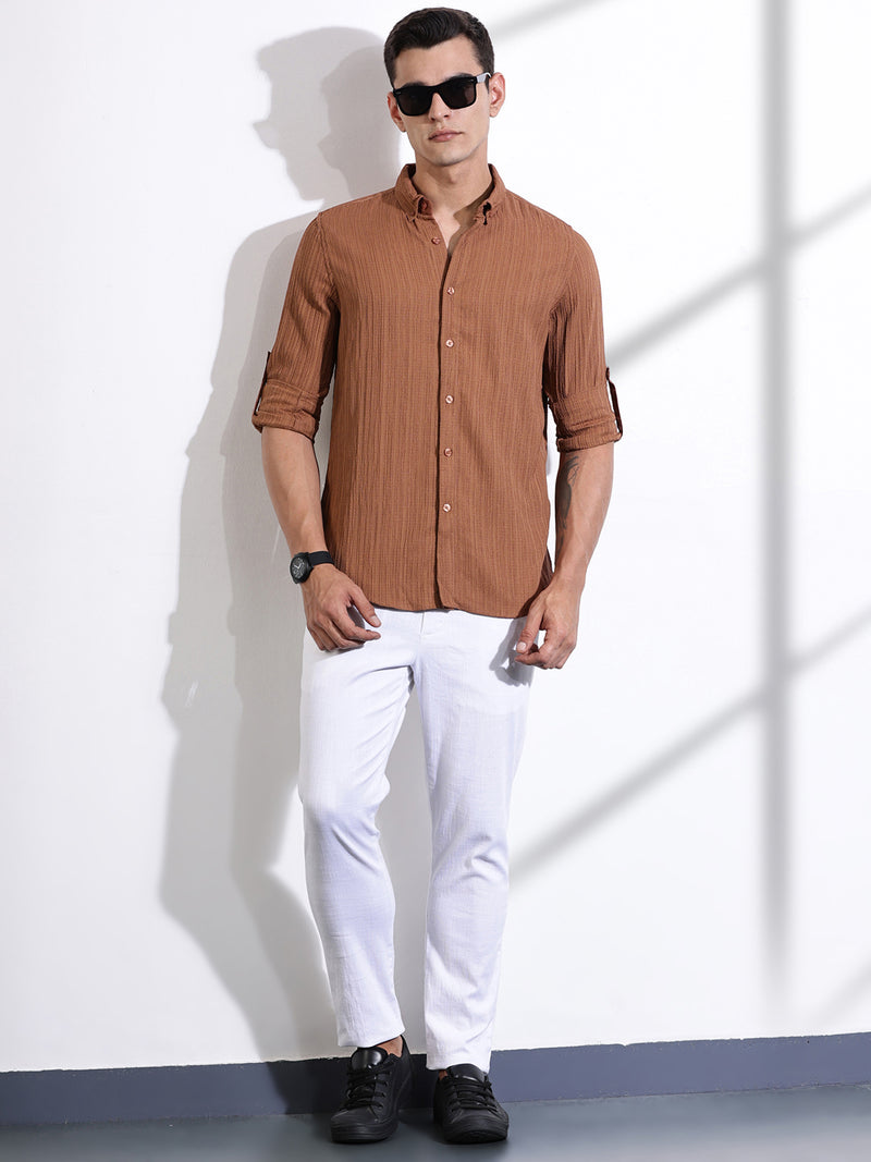Thomas Scott Men Brown Slim Fit Long Sleeves Textured Casual Shirt