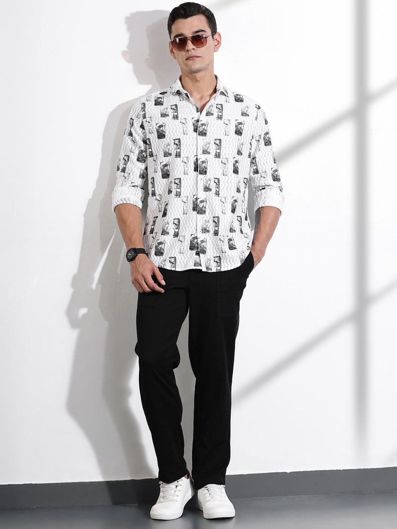 Thomas Scott Men Olive Slim Fit Long Sleeves Abstract Printed Casual Shirt