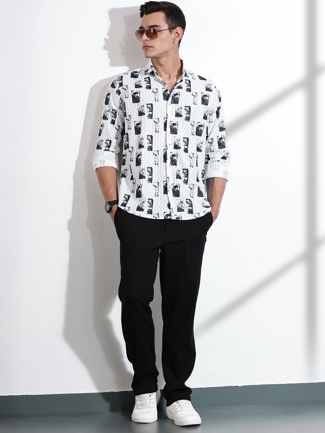 Thomas Scott Men Grey Slim Fit Long Sleeves Abstract Printed Casual Shirt