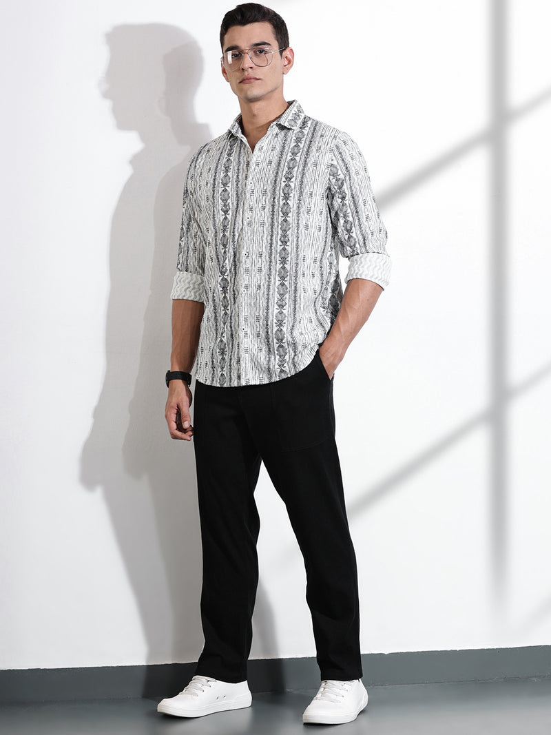 Thomas Scott Men Grey Slim Fit Long Sleeves Abstract Printed Casual Shirt