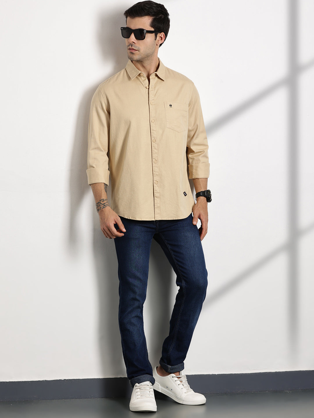 Thomas Scott Men Beige Slim Fit Long Sleeves Solid Cotton Casual Shirt