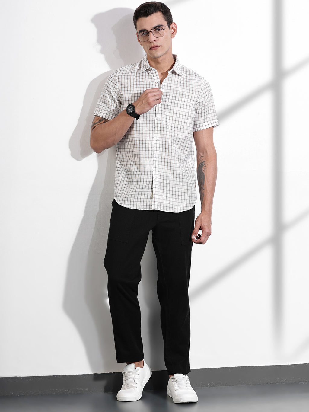 Thomas Scott Men Brown Slim Fit Gingham Checks Linen Casual Shirt