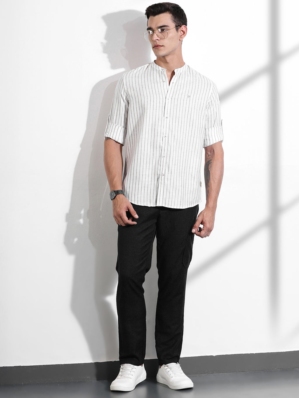 Thomas Scott Men Brown Slim Fit Vertical Stripes Linen Casual Shirt