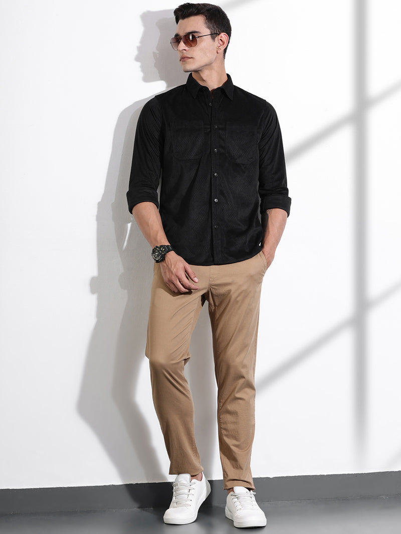 Thomas Scott Men Black Slim Fit Long Sleeves Self-Structured Velvet Casual Shirt