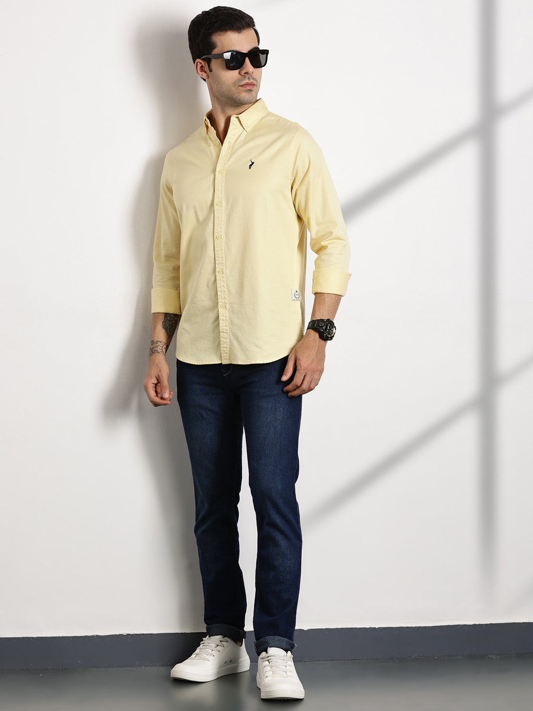 Thomas Scott Men Yellow Button Down Collar Slim Fit Solid Cotton Casual Shirt