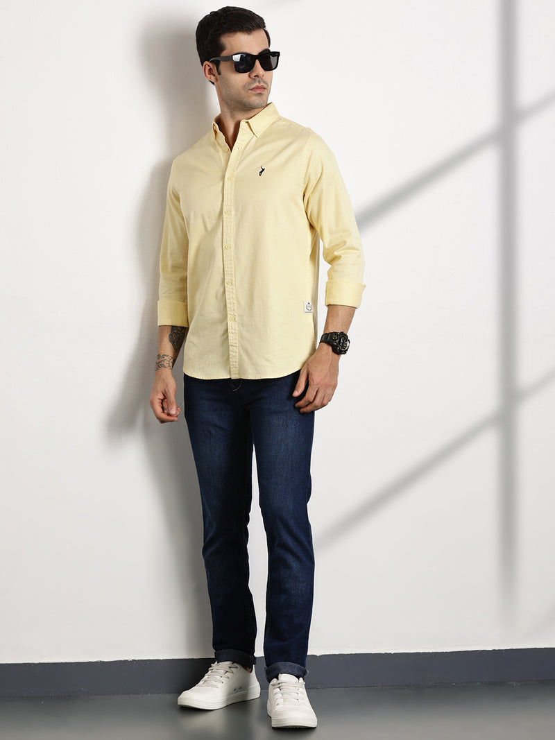 Thomas Scott Men Yellow Button Down Collar Slim Fit Solid Cotton Casual Shirt