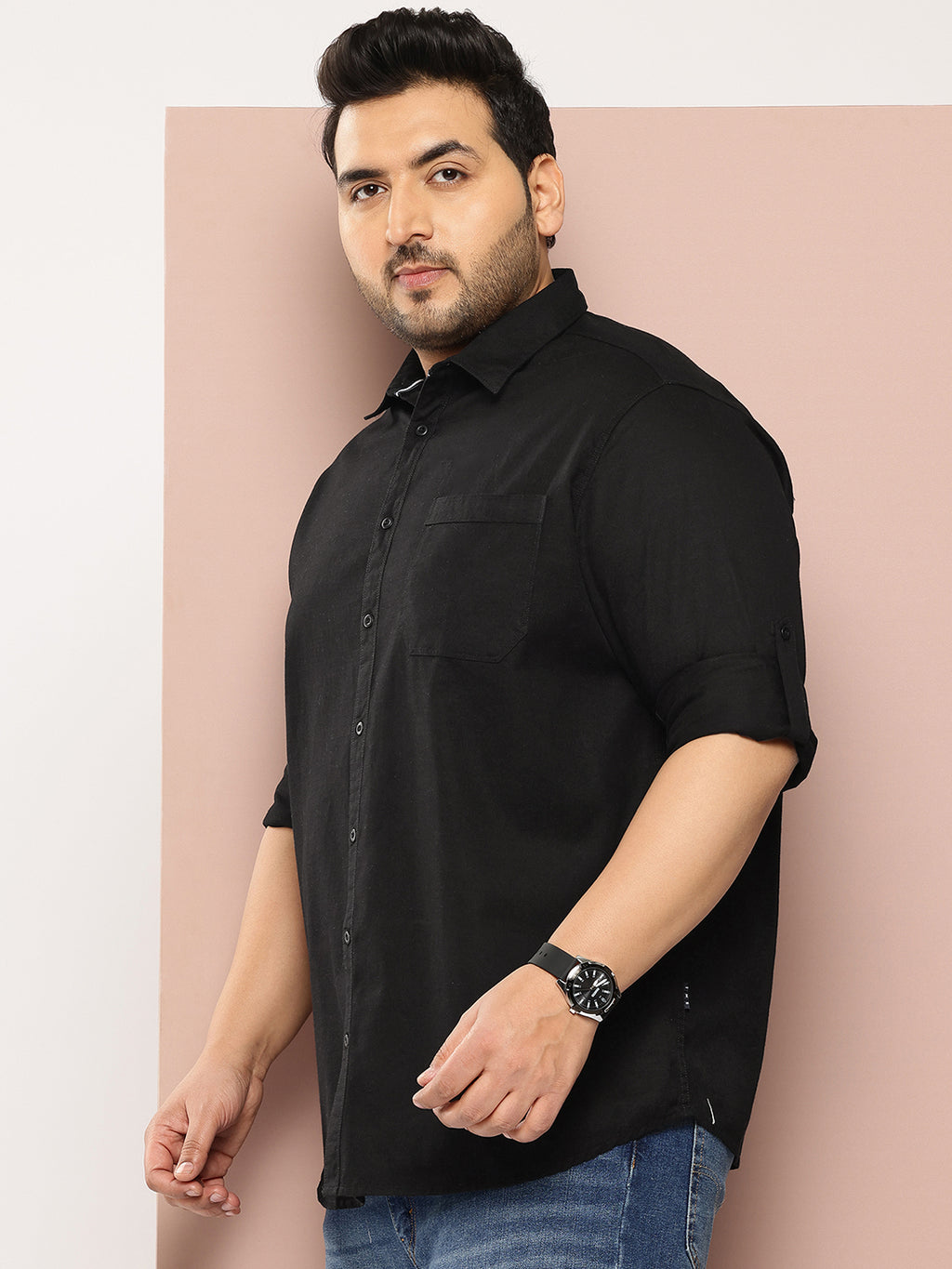 Black Plus Size Regular Fit Long Sleeves Solid Cotton Casual Shirt