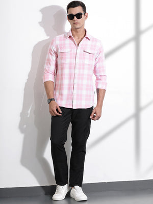 Thomas Scott Men Pink Regular Fit Long Sleeves Windowpane Checks Casual Shirt