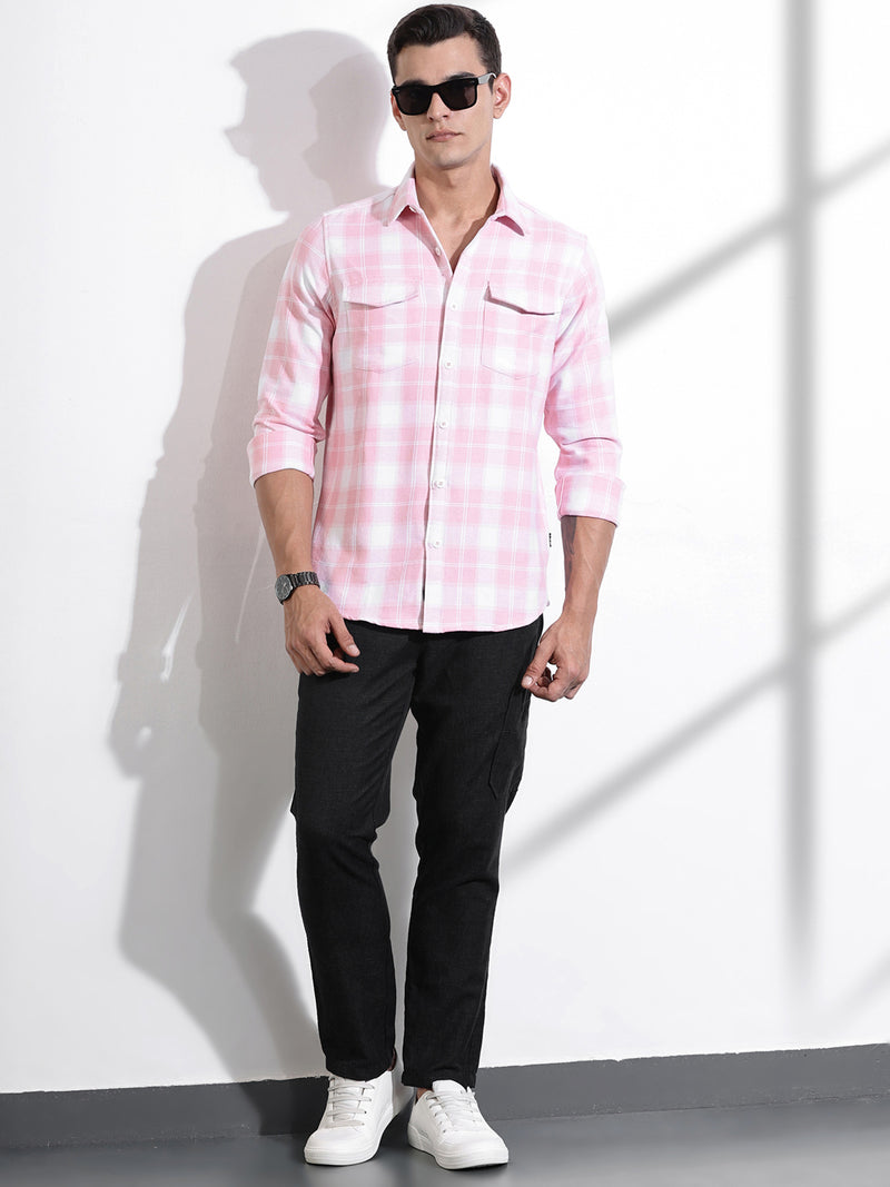 Thomas Scott Men Pink Regular Fit Long Sleeves Windowpane Checks Casual Shirt