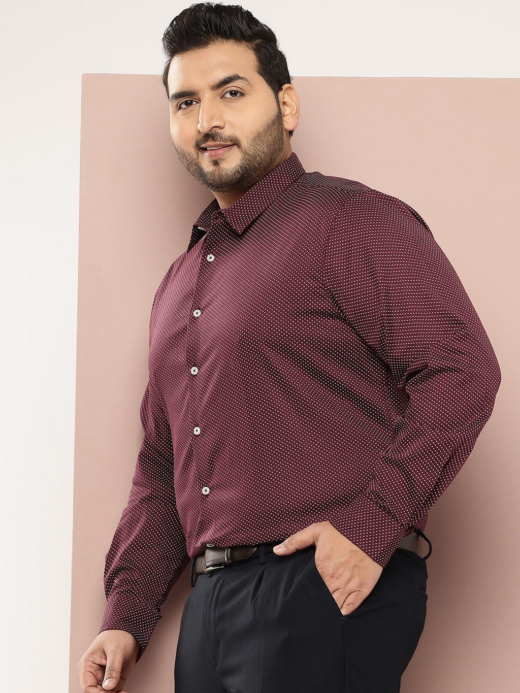 Thomas Scott Men Maroon Plus Size Regular Fit Long Sleeves Micro Ditsy Printed Formal Shirt