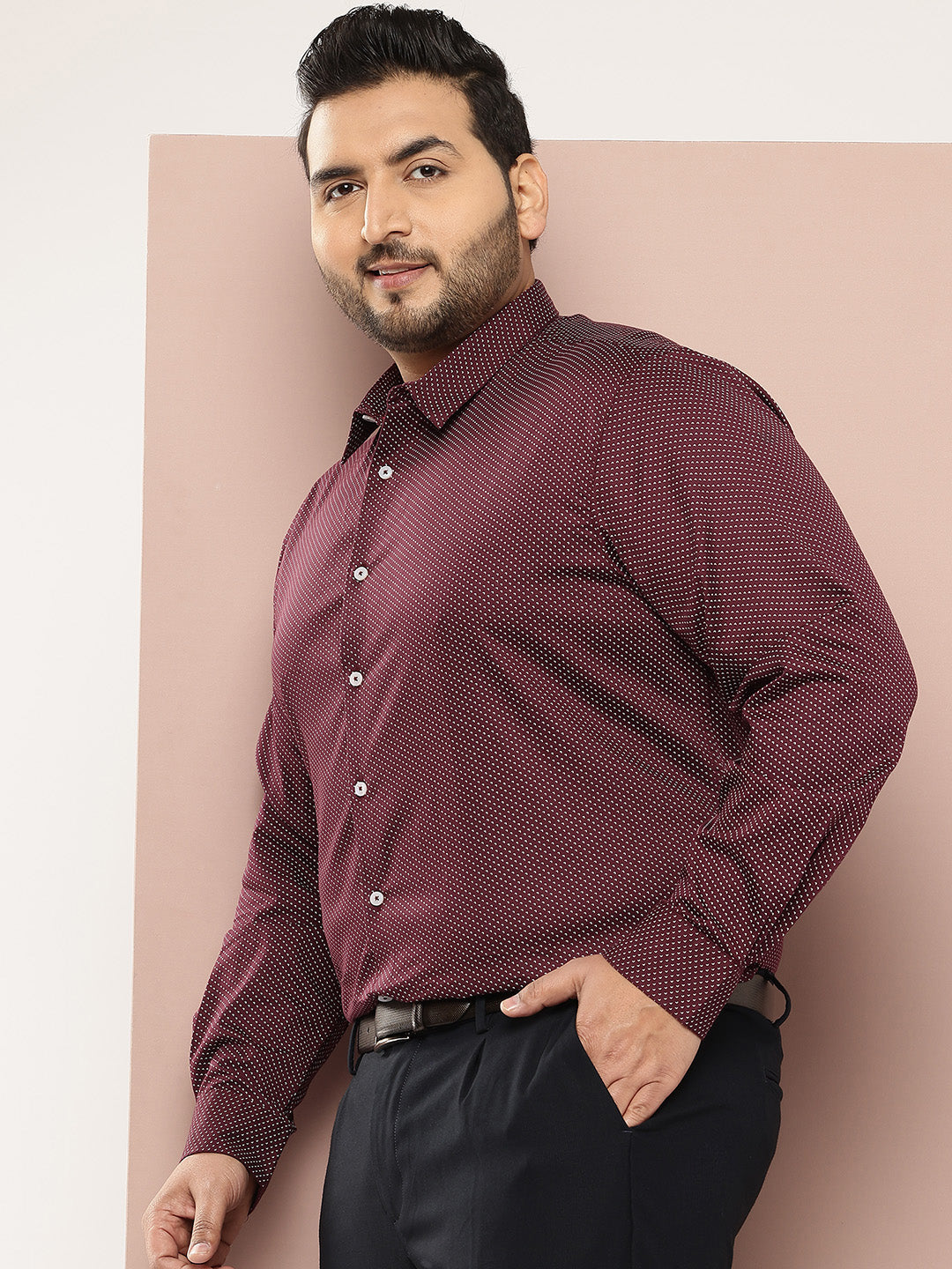 Thomas Scott Men Maroon Plus Size Regular Fit Long Sleeves Micro Ditsy Printed Formal Shirt