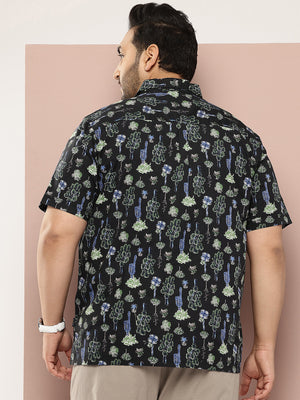 Thomas Scott Men Black Plus Size Regular Fit Short Sleeves Floral Printed Casual Shirt