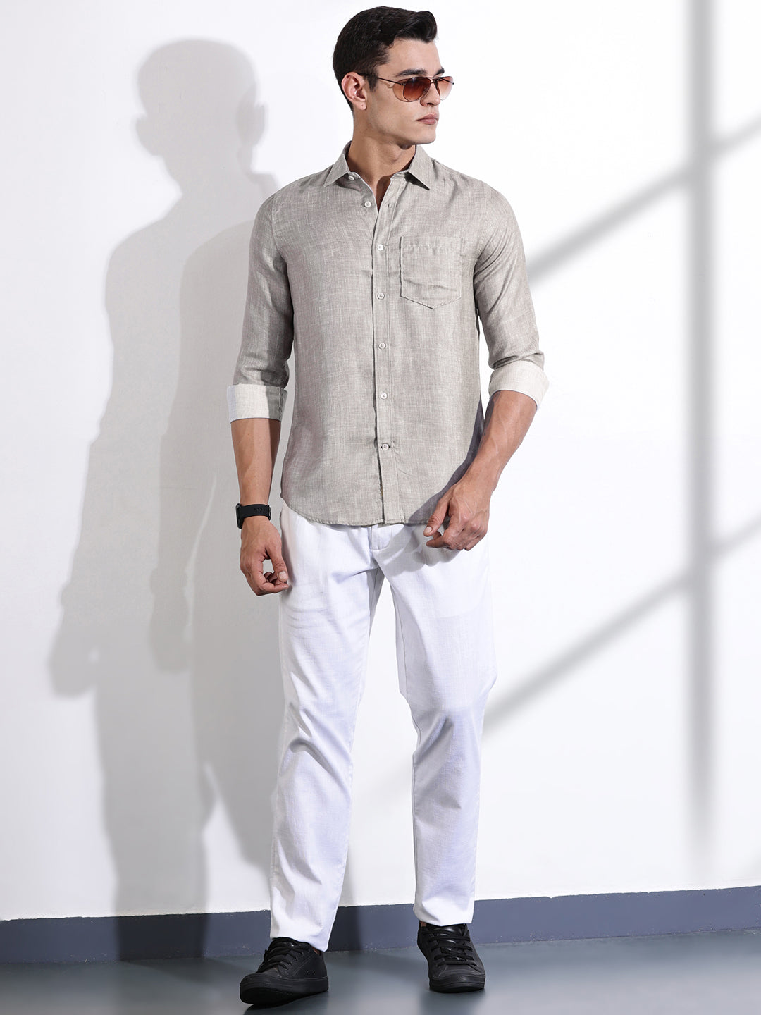 Thomas Scott Men Grey Slim Fit Long Sleeves Linen Casual Shirt