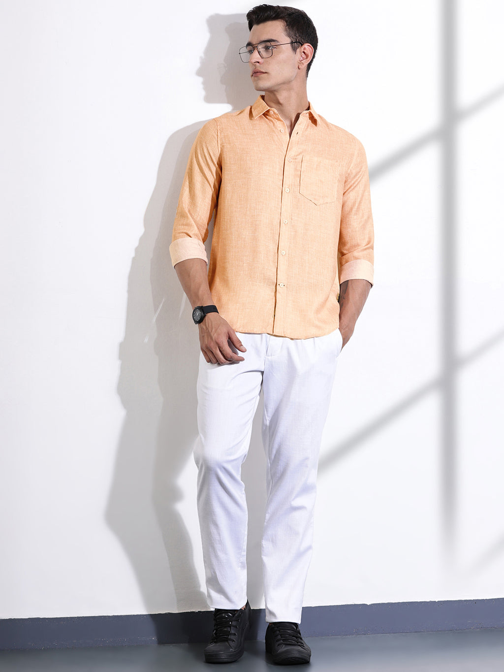 Thomas Scott Men Orange Slim Fit Long Sleeves Linen Casual Shirt