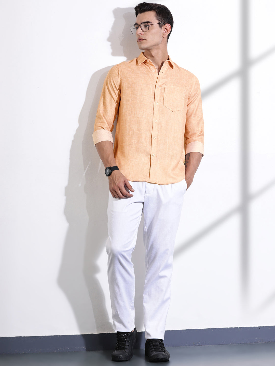 Thomas Scott Men Orange Slim Fit Long Sleeves Linen Casual Shirt