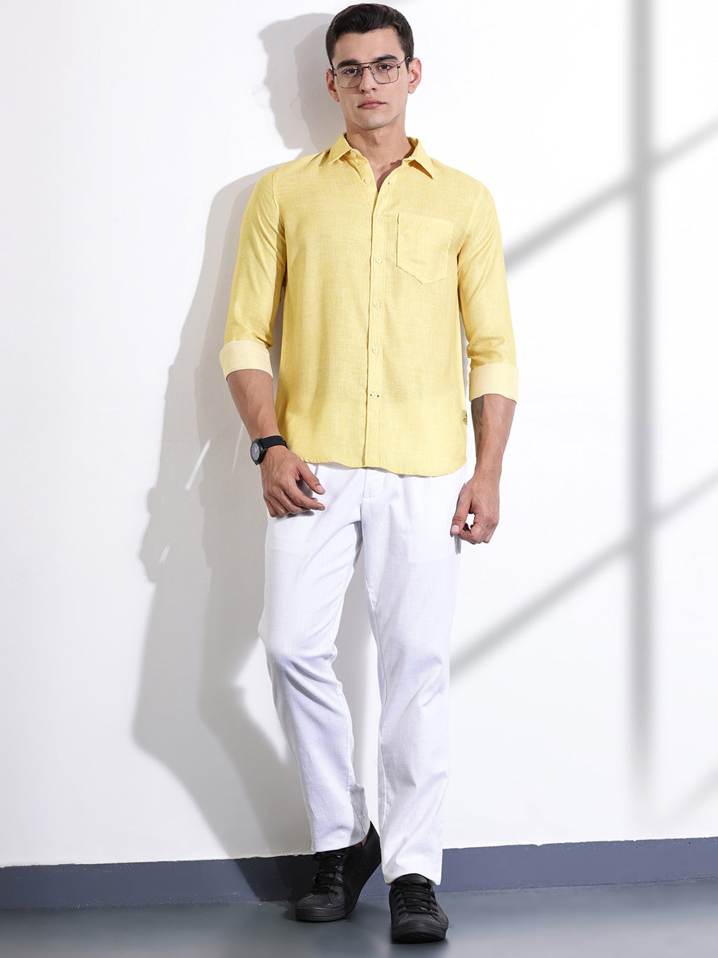 Thomas Scott Men Yellow Slim Fit Long Sleeves Linen Casual Shirt