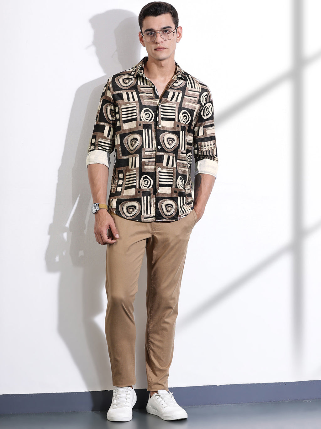 Thomas Scott Men Brown Slim Fit Long Sleeves Abstract Printed Casual Shirt