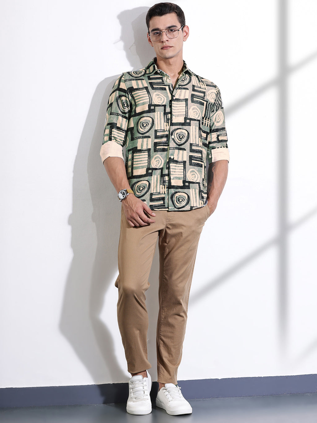 Thomas Scott Men Green Slim Fit Long Sleeves Abstract Printed Casual Shirt