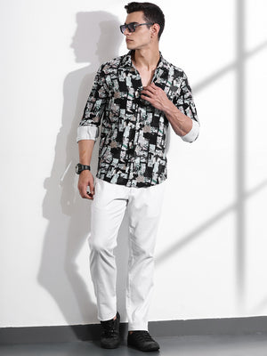 Thomas Scott Men Black Slim Fit Long Sleeves Abstract Printed Casual Shirt