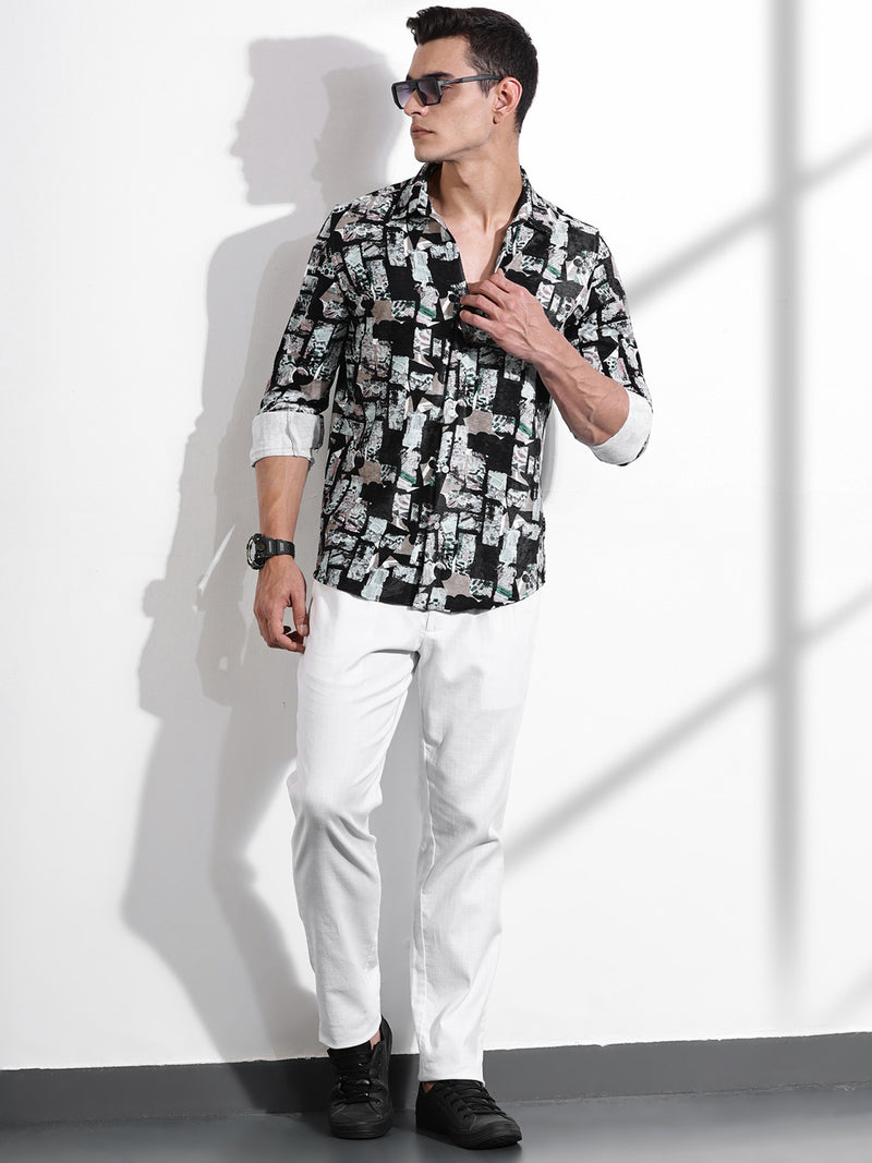 Thomas Scott Men Black Slim Fit Long Sleeves Abstract Printed Casual Shirt