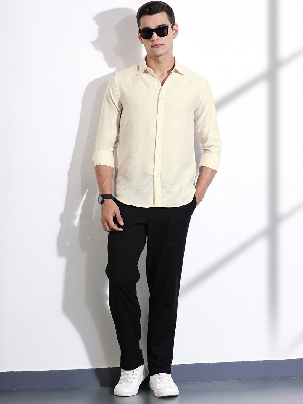 Thomas Scott Men Cream Slim Fit Long Sleeves Solid Self Design Casual Shirt