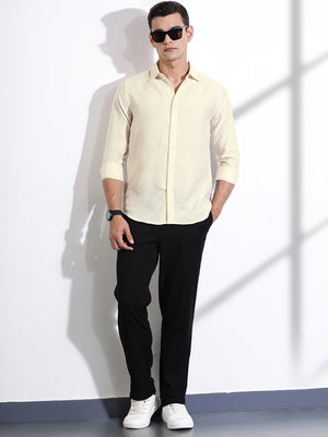 Thomas Scott Men Cream Slim Fit Long Sleeves Solid Self Design Casual Shirt