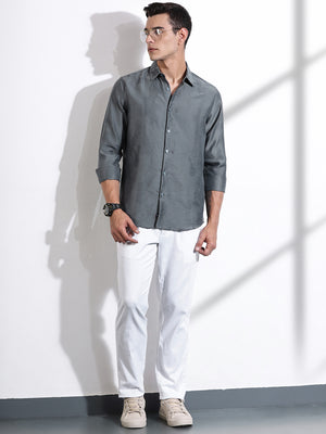 Thomas Scott Men Grey Slim Fit Long Sleeves Solid Self Design Casual Shirt
