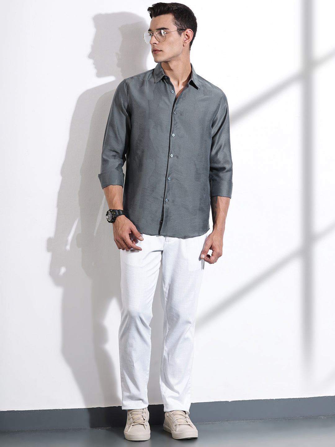 Thomas Scott Men Grey Slim Fit Long Sleeves Solid Self Design Casual Shirt