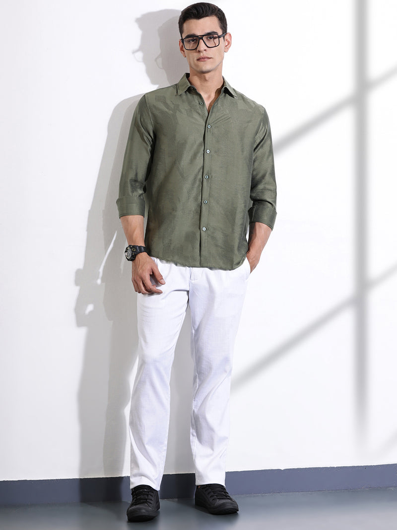 Thomas Scott Men Olive Slim Fit Long Sleeves Solid Self Design Casual Shirt