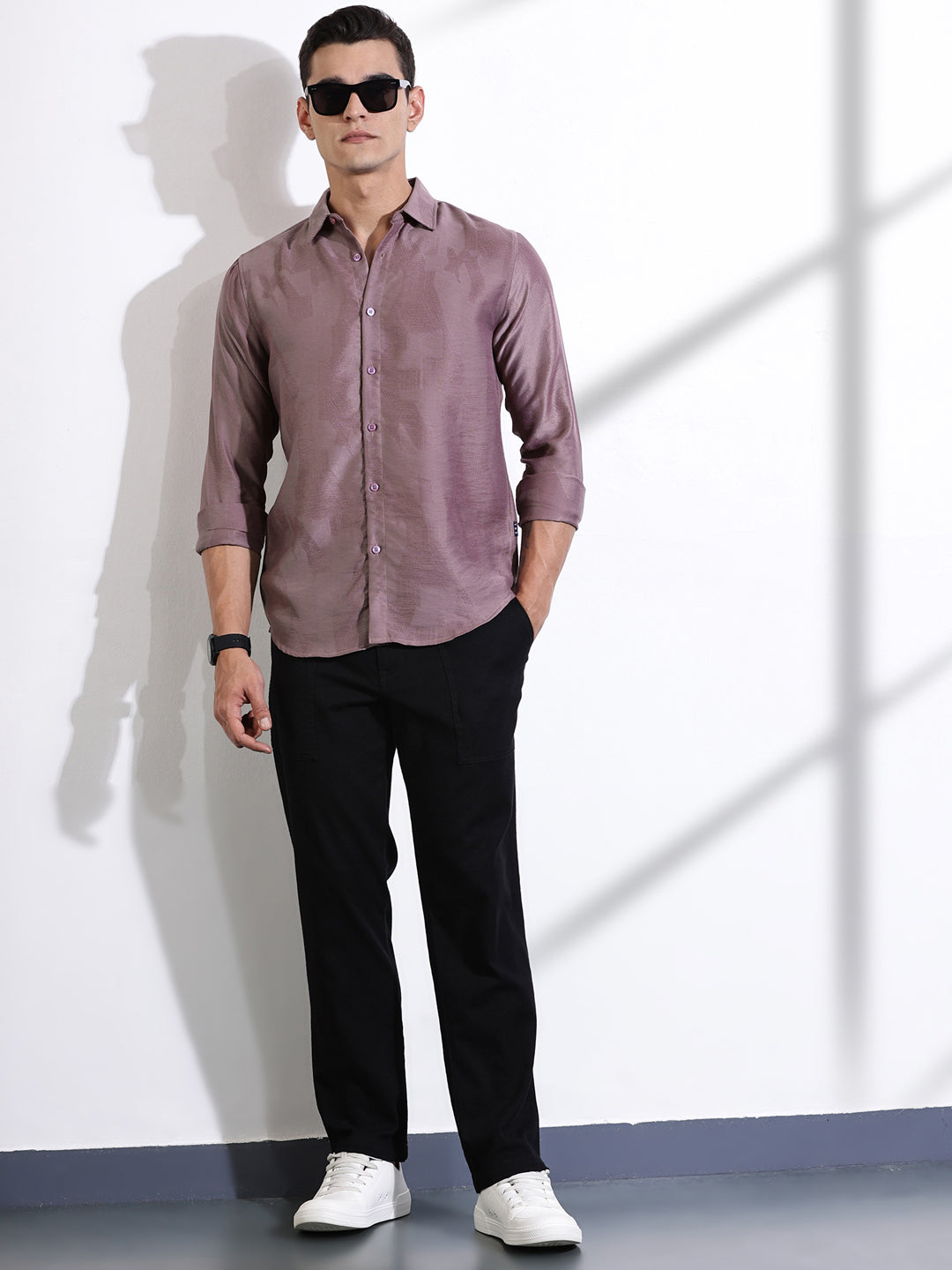 Thomas Scott Men Pink Slim Fit Long Sleeves Solid Self Design Casual Shirt