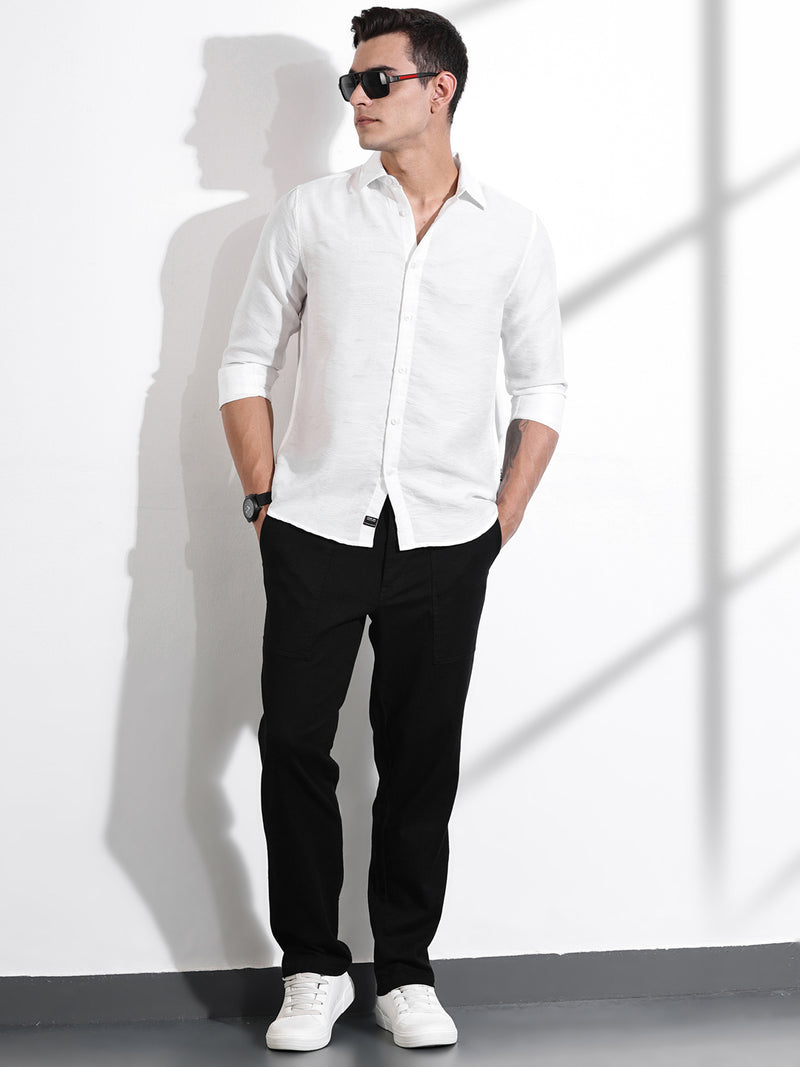 Thomas Scott Men White Slim Fit Long Sleeves Solid Self Design Casual Shirt