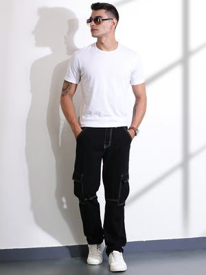 Thomas Scott Men Black Relaxed Fit Cargo Style Cotton Jeans