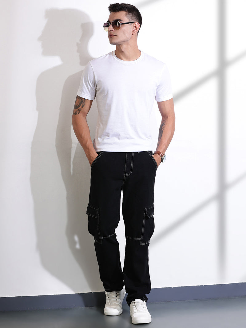 Thomas Scott Men Black Relaxed Fit Cargo Style Cotton Jeans