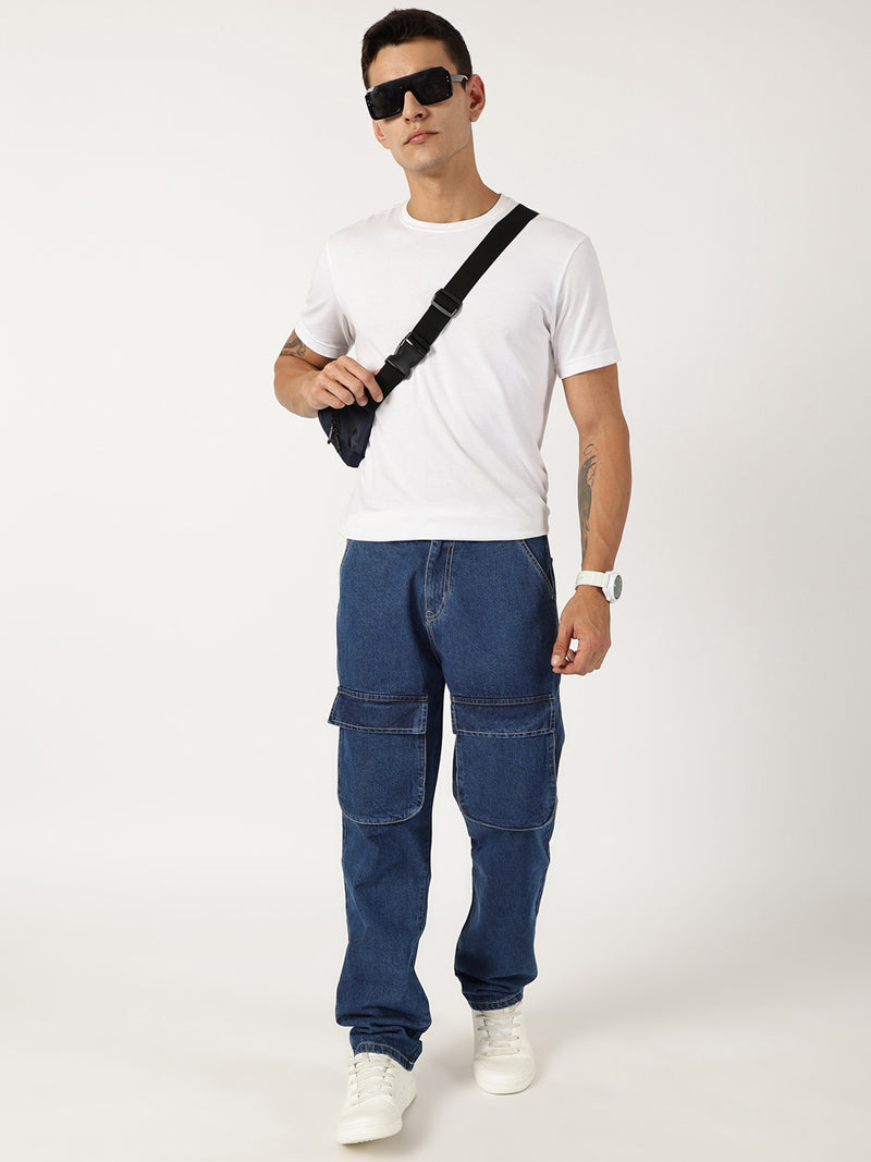 Thomas Scott Men Blue Relaxed Fit Cargo Style Cotton Jeans