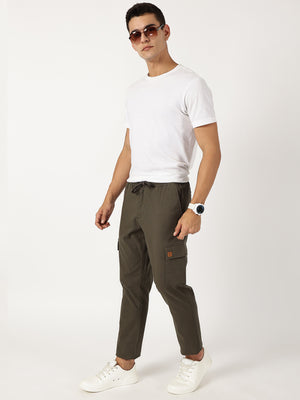 Thomas Scott Men Olive Mid-Rise Straight Fit Cotton Linen Woven Cargos Trouser