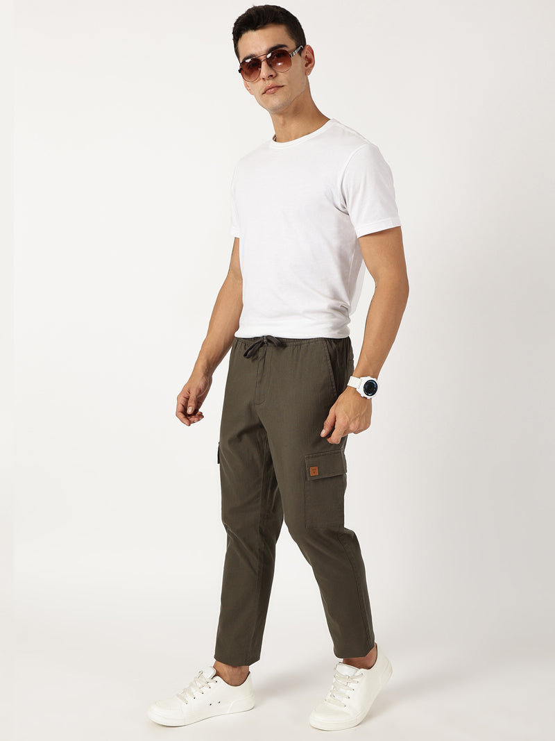 Thomas Scott Men Olive Mid-Rise Straight Fit Cotton Linen Woven Cargos Trouser