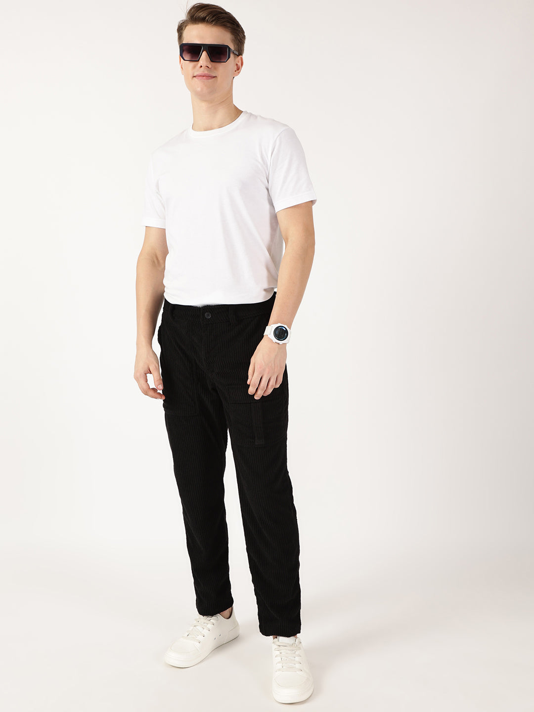 Thomas Scott Men Black Smart Straight Fit Corduroy Cargo Trouser